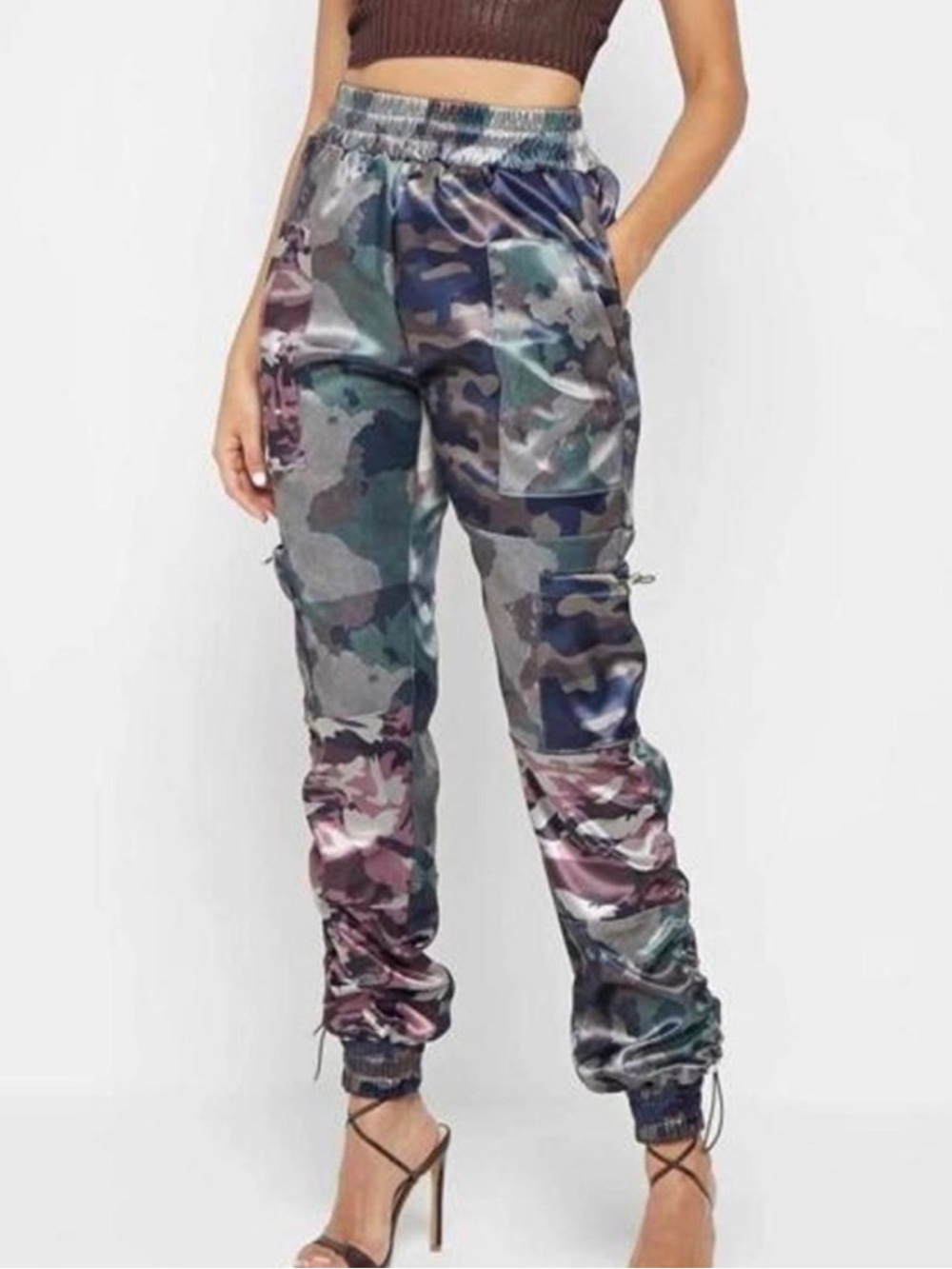 Maniere De Voir Patchwork Camo Print Cargo Drawstring Satin Jogger’s Women’s
